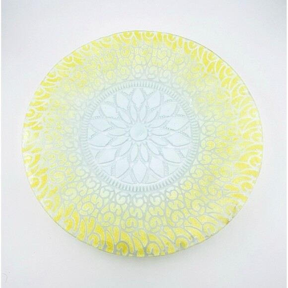 Signed Vintage Art Glass Plate Yellow White Clear Lacy Pattern 8.75 in - Picture 2 of 12